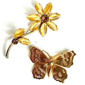 Vintage Brooch Lot Butterfly Rhinestone Flower Pair of Nature Lover Pins